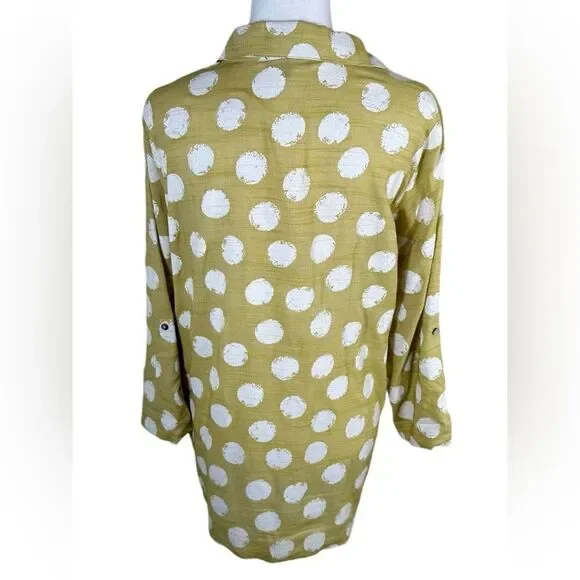 Lior Paris Funky Chartreuse Green Polka Dot Roll Tab 3/4 Sleeve Button Front Top - Picture 5 of 8